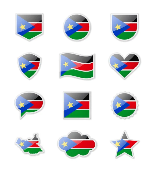 South Sudan Set Country Flags Form Stickers Various Shapes Vector —  Vetores de Stock