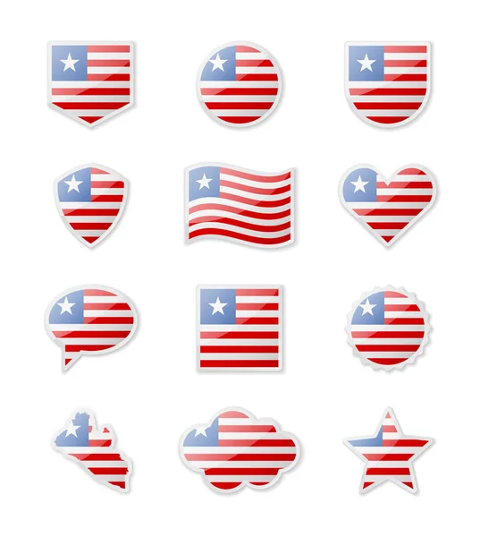 Liberia Conjunto Banderas País Forma Pegatinas Diversas Formas Ilustración Vectorial — Archivo Imágenes Vectoriales