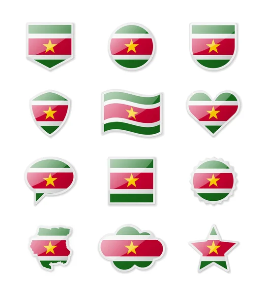 Suriname Set Country Flags Form Stickers Various Shapes Vector Illustration — Vetor de Stock