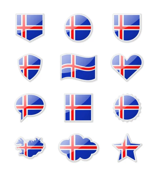 Islandia Zestaw Flag Postaci Naklejek Różnych Kształtach Ilustracja Wektora — Wektor stockowy