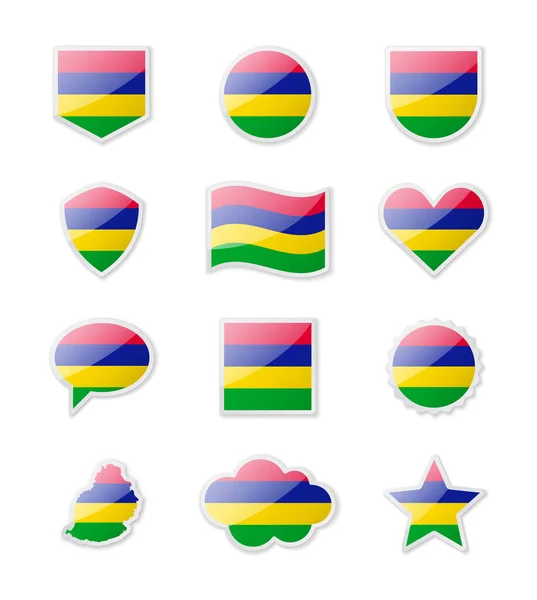 Μαυρίκιος Σύνολο Σημαιών Χώρας Μορφή Αυτοκόλλητων Διαφόρων Σχημάτων Εικονογράφηση Διανύσματος — Διανυσματικό Αρχείο
