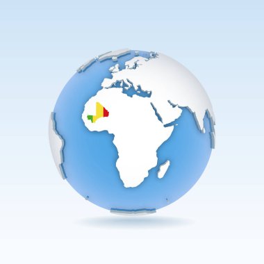 Mali - country map and flag located on globe, world map. 3D Vector illustration
