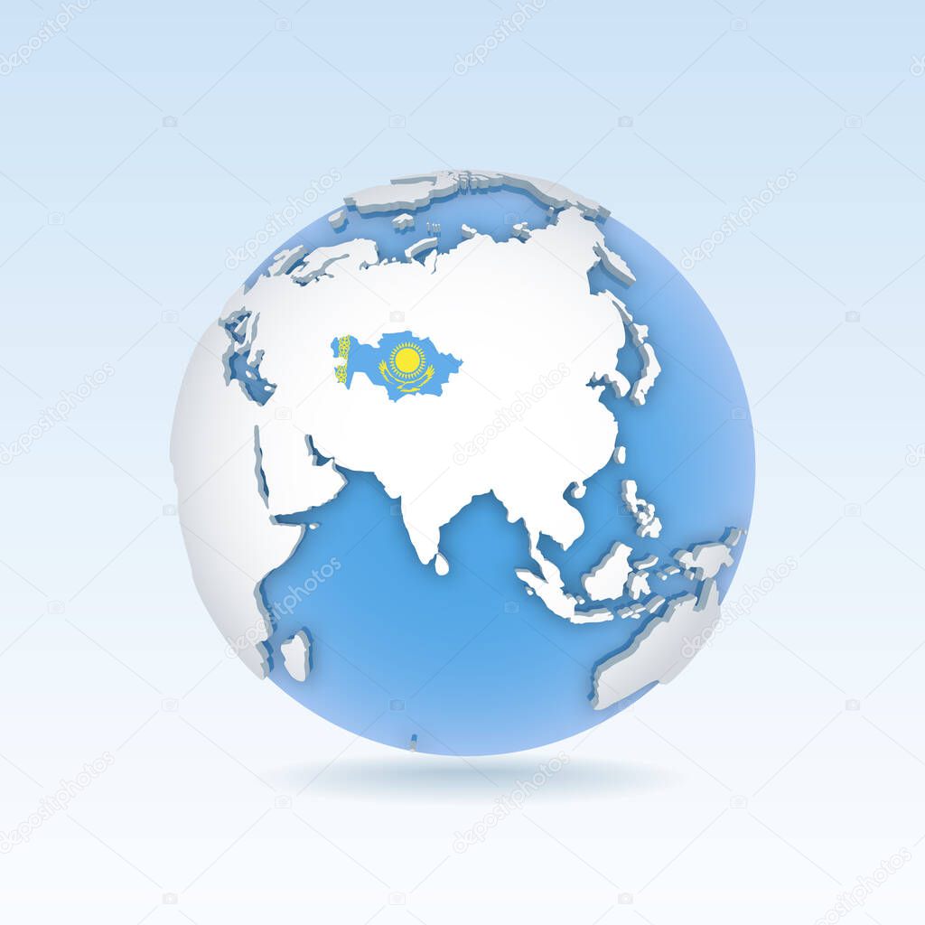 Kazakhstan - country map and flag located on globe, world map. 3D Vector illustration