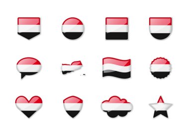 Yemen - set of shiny flags of different shapes. Vector illustration