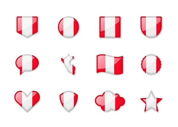 Peru Set Shiny Flags Different Shapes Vector Illustration — 图库矢量图片