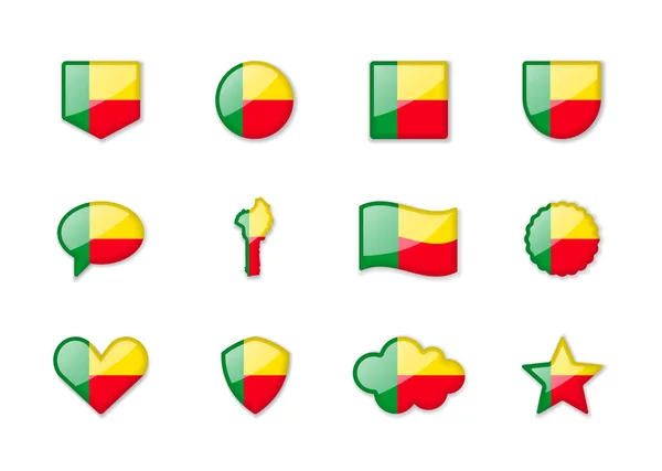 Benin Set Shiny Flags Different Shapes Vector Illustration —  Vetores de Stock