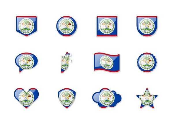 Belize Set Shiny Flags Different Shapes Vector Illustration — Vector de stock