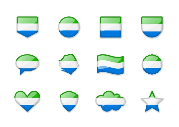 Sierra Leone Set Shiny Flags Different Shapes Vector Illustration — Stockvektor