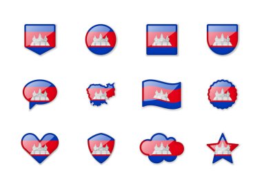 Cambodia - set of shiny flags of different shapes. Vector illustration
