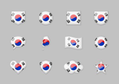 South Korea - set of shiny flags of different shapes. Vector illustration