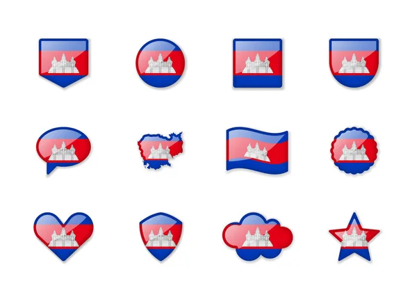 Cambodia Set Shiny Flags Different Shapes Vector Illustration — Vector de stock