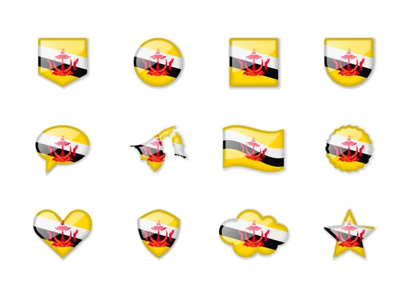 Brunei Set Shiny Flags Different Shapes Vector Illustration — Vetor de Stock