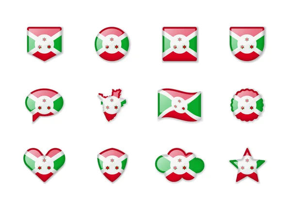 Burundi Set Shiny Flags Different Shapes Vector Illustration — стоковый вектор