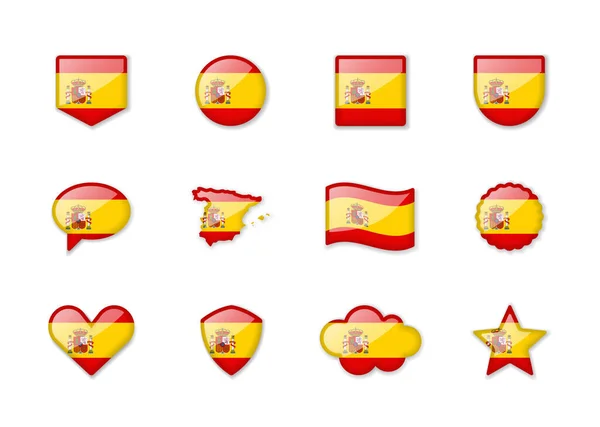 Spain Set Shiny Flags Different Shapes Vector Illustration — Wektor stockowy