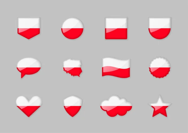 Poland Set Shiny Flags Different Shapes Vector Illustration — Vettoriale Stock
