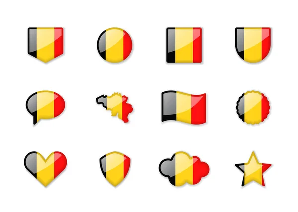 Belgium Set Shiny Flags Different Shapes Vector Illustration — стоковый вектор