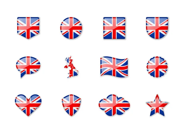 United Kingdom Set Shiny Flags Different Shapes Vector Illustration — Stock Vector