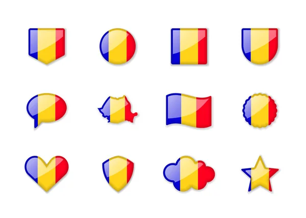Romania Set Shiny Flags Different Shapes Vector Illustration — стоковый вектор