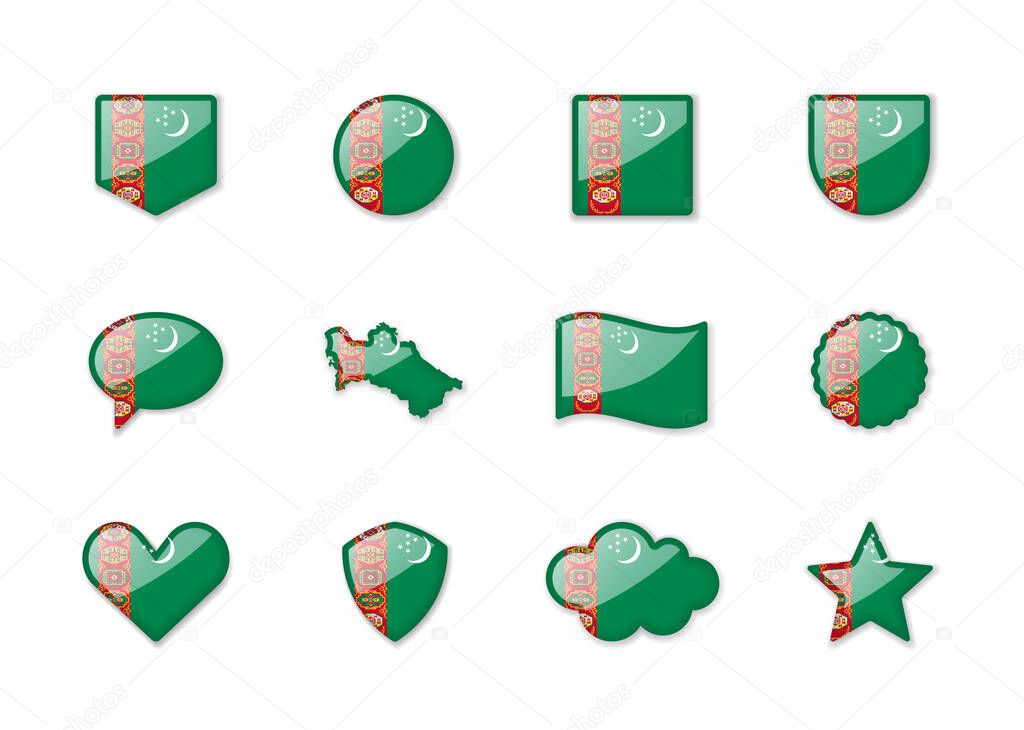 Turkmenistan - set of shiny flags of different shapes. Vector illustration
