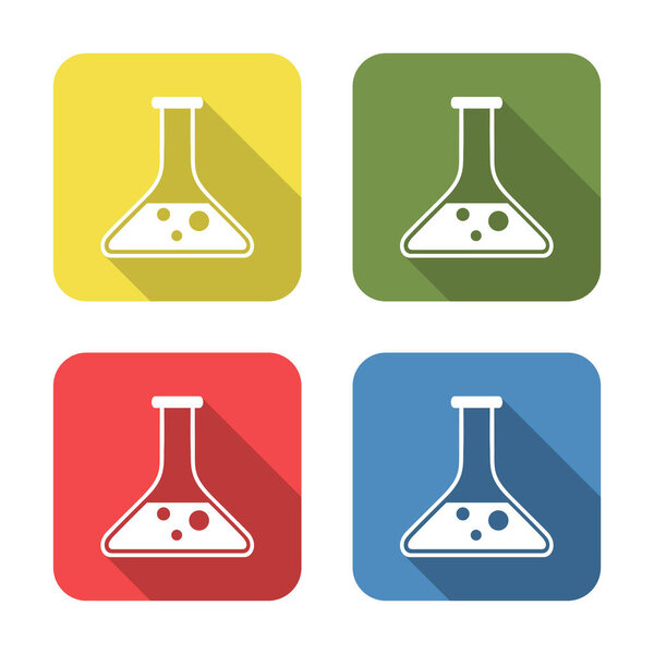 Test tube. Medical icon isolated on green, yellow, blue and red background. First aid. Healthcare, medical and pharmacy sign. Square button. Vector Illustration