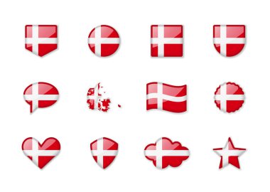 Denmark - set of shiny flags of different shapes. Vector illustration