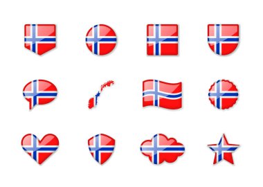 Norway - set of shiny flags of different shapes. Vector illustration