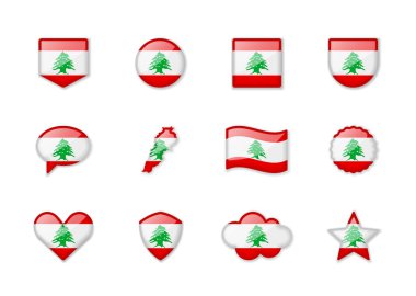 Lebanon - set of shiny flags of different shapes. Vector illustration