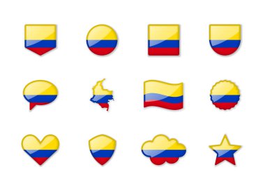 Colombia - set of shiny flags of different shapes. Vector illustration