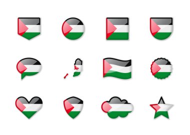 Palestine - set of shiny flags of different shapes. Vector illustration