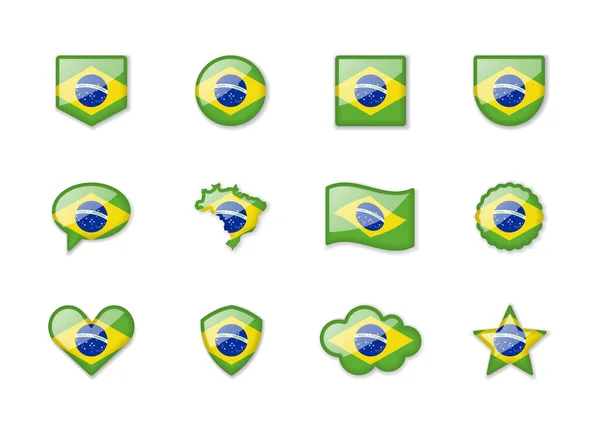 Brazil Set Shiny Flags Different Shapes Vector Illustration — стоковый вектор