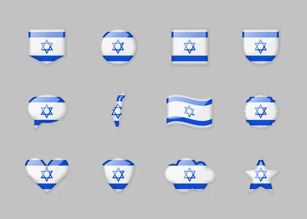 Israel Set Shiny Flags Different Shapes Vector Illustration — Wektor stockowy