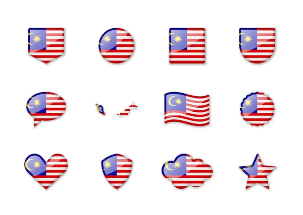 Malaysia Set Shiny Flags Different Shapes Vector Illustration — Vetor de Stock