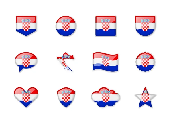 Croatia Set Shiny Flags Different Shapes Vector Illustration —  Vetores de Stock