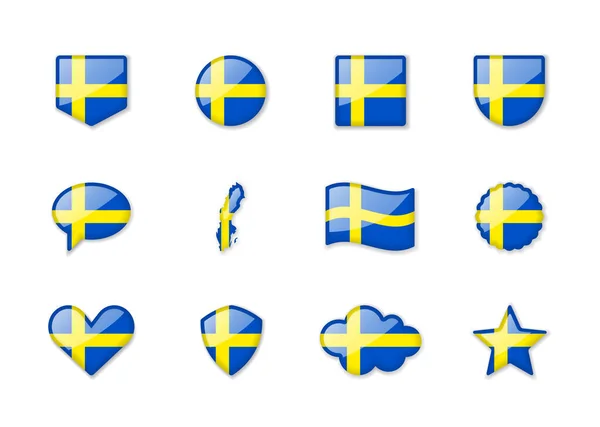 Sweden Set Shiny Flags Different Shapes Vector Illustration — Stock vektor