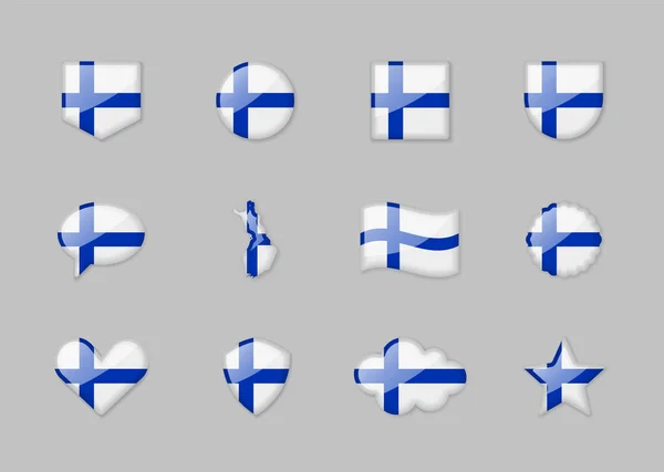 Finland Set Shiny Flags Different Shapes Vector Illustration — Stock Vector