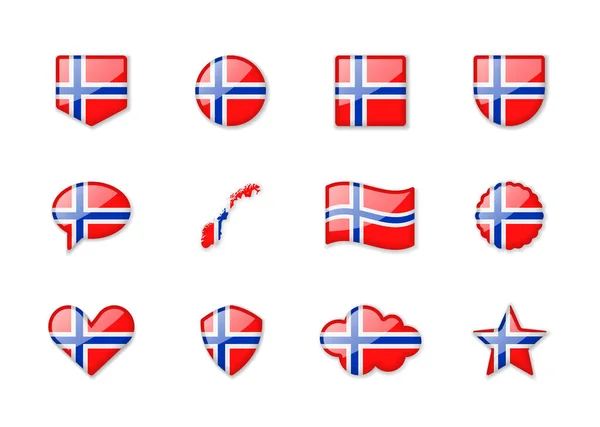 Norway Set Shiny Flags Different Shapes Vector Illustration — Stock vektor