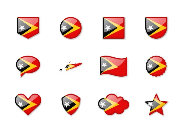 East Timor Set Shiny Flags Different Shapes Vector Illustration — стоковый вектор