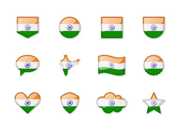 India Set Shiny Flags Different Shapes Vector Illustration — Stockový vektor