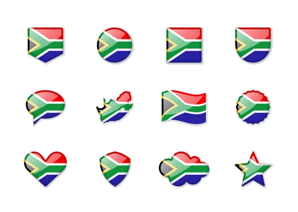 South Africa Set Shiny Flags Different Shapes Vector Illustration —  Vetores de Stock