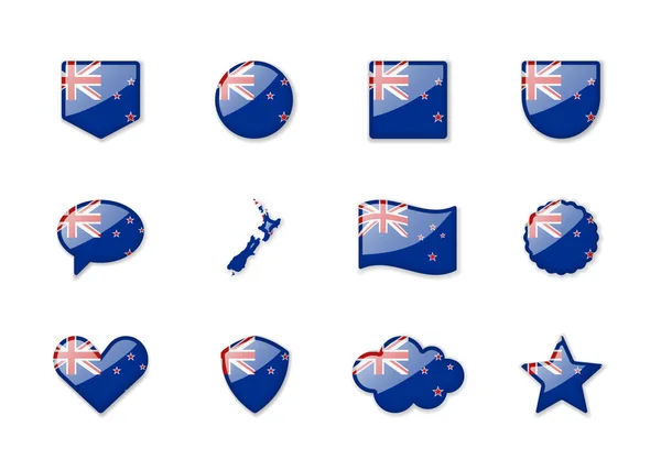 New Zealand Set Shiny Flags Different Shapes Vector Illustration — Stock Vector