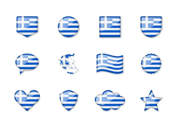 Greece Set Shiny Flags Different Shapes Vector Illustration — Vector de stock