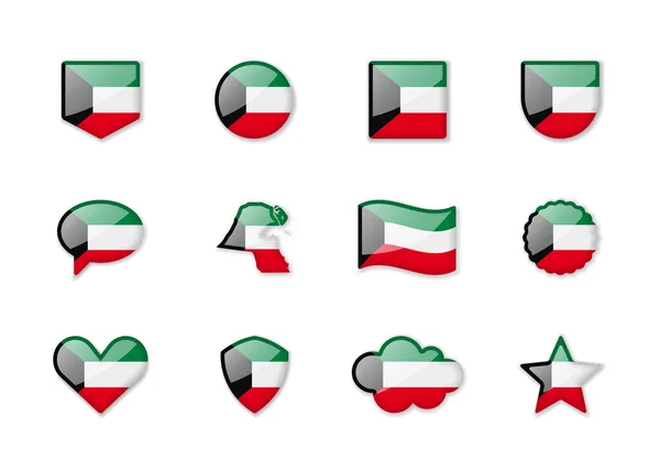 Kuwait Set Shiny Flags Different Shapes Vector Illustration — Stockvektor