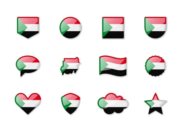 Sudan Set Shiny Flags Different Shapes Vector Illustration — Stockvektor
