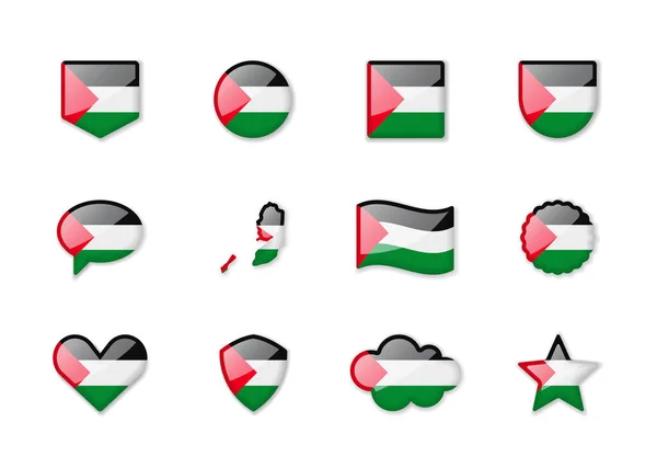 Palestine Set Shiny Flags Different Shapes Vector Illustration — Stockvektor