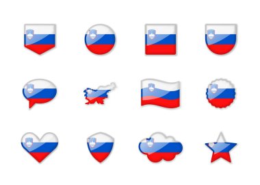 Slovenya - farklı şekillerde parlayan bayraklar. Vektör illüstrasyonu