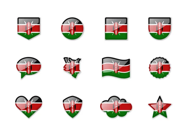 Kenya Set Bandiere Lucide Diverse Forme Illustrazione Vettoriale — Vettoriale Stock