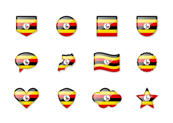 Уганда Набор Блестящих Флагов Разной Формы Векторная Иллюстрация — стоковый вектор