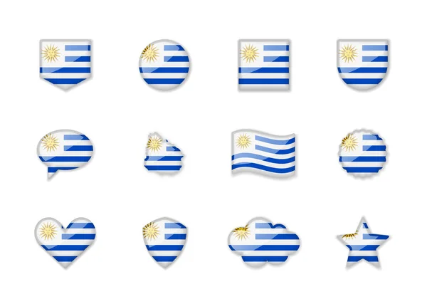 Urugwaj Zestaw Błyszczących Flag Różnych Kształtach Ilustracja Wektora — Wektor stockowy