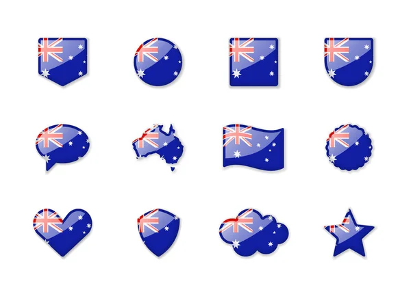 Austrália Conjunto Bandeiras Brilhantes Diferentes Formas Ilustração Vetorial — Vetor de Stock