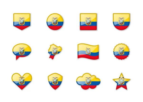 Ecuador Conjunto Banderas Brillantes Diferentes Formas Ilustración Vectorial — Vector de stock